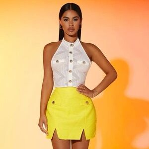 Yellow Pocket Split Hem Tweed mini Skirt